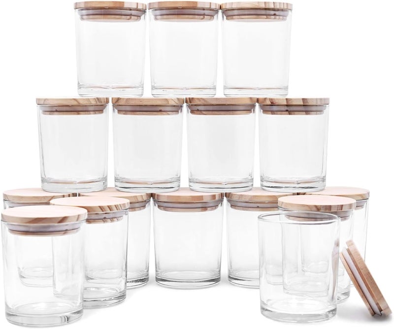 SHOWIN Thick Candle Jars for Making Candles 16 Pcs, 7 OZ Empty Jars with Wood Lids for Candle Making, Sample Container, Clear - Image 1
